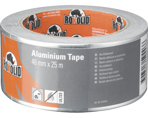 Roxolid aluminiumtape, 48 millimeter bij 25 meter, hittebestendig en geschikt voor binnengebruik.