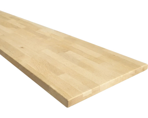 Keukenwerkblad van massief hout, vingerlas verbinding, lichtgekleurd hout.