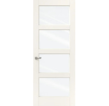 Witte binnendeur met vier grote glaspanelen en een zilverkleurige deurkruk.