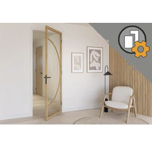 Moderne glazen deur met houten frame en halfcirkelvormig design in lichte kamer met fauteuil en houten wand. Icoon voor productconfiguratie.