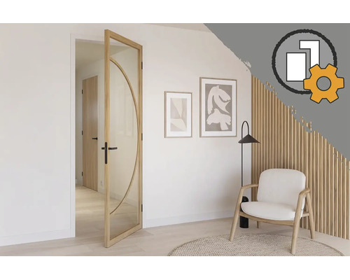 Moderne glazen deur met houten frame en halfcirkelvormig design in lichte kamer met fauteuil en houten wand. Icoon voor productconfiguratie.