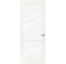 Moderne witte binnendeur met drie grote glazen panelen en een zilverkleurige deurkruk.