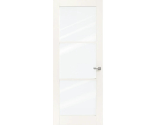 Moderne witte binnendeur met drie grote glazen panelen en een zilverkleurige deurkruk.