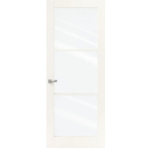 Witte binnendeur met drie grote glaspanelen van matglas en een moderne zilveren deurkruk.