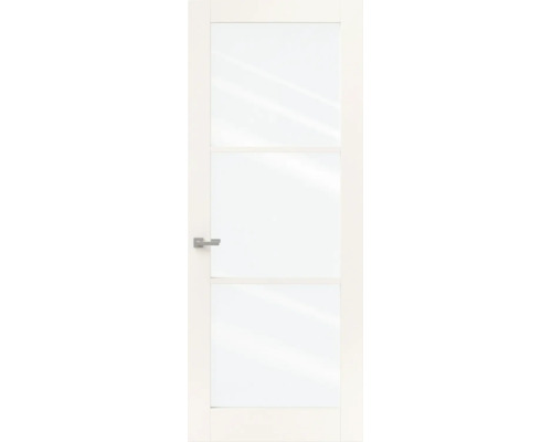 Witte binnendeur met drie grote glaspanelen van matglas en een moderne zilveren deurkruk.