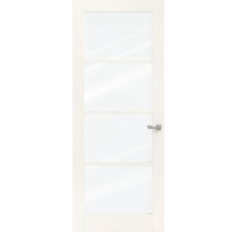 Witte binnendeur met vier grote glaspanelen en een moderne metalen deurklink.