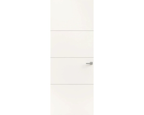 Witte binnendeur met drie horizontale groeven en deurkruk.