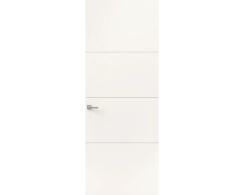 Moderne witte binnendeur met horizontale lijnen en zilverkleurige klink.