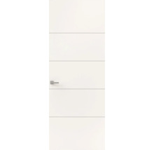 Witte binnendeur met horizontale groeven en een modern deurbeslag van metaal.