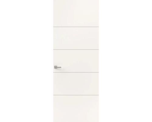 Witte binnendeur met horizontale groeven en een modern deurbeslag van metaal.