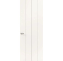 Witte binnendeur met verticale groeven en een zilverkleurige deurklink.