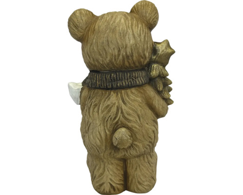 Achteraanzicht van een decoratieve berenfiguur met vachtstructuur, sjaal en een kleine boom.