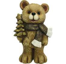 Bruine decoratiebeer met sjaal en gouden kerstboom.