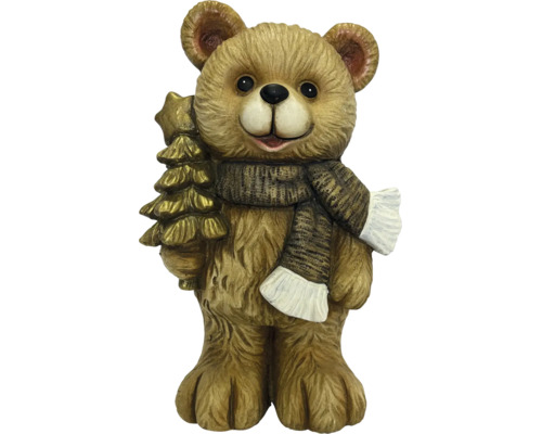 Bruine decoratiebeer met sjaal en gouden kerstboom.