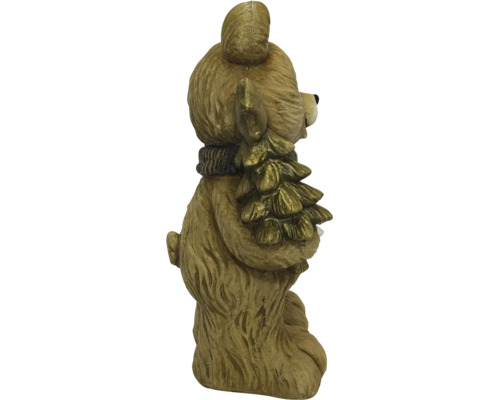 Kerstfiguur beer met sjaal houdt een kerstboom vast.