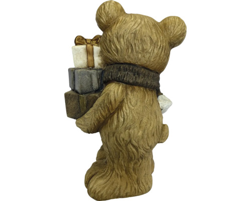 Kerstfiguur beer met cadeautjes en sjaal, achteraanzicht van een staand figuur met gestructureerd oppervlak.