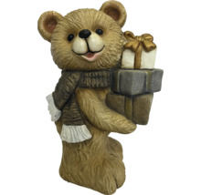 Kerst-decoratiefiguur beer met sjaal en cadeaus.