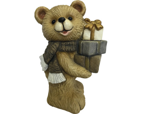 Kerst-decoratiefiguur beer met sjaal en cadeaus.