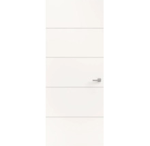 Witte binnendeur met horizontale lijnen en een zilverkleurige deurkruk.
