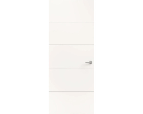 Witte binnendeur met horizontale lijnen en een zilverkleurige deurkruk.