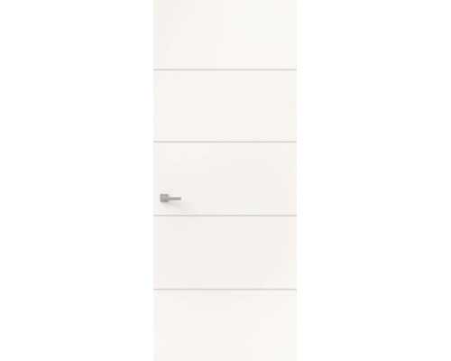 Witte binnendeur met horizontale groeven en een zilverkleurige deurkruk.