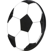 Voetbalvormig kussen met zwart-wit patroon.