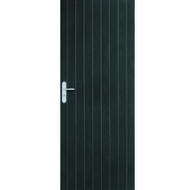 Zijdeur in antraciet met verticale panelen en zilverkleurige deurkruk.