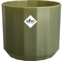 Achthoekige Elho bloempot van olijfgroen kunststof. Elho Logo.