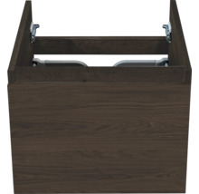 Donkere wastafelonderkast in houtdecor met een lade en metalen beslag.