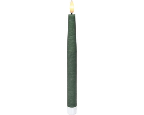 Groene LED-dinerkaars met gestructureerde waxlook en kunstmatige vlam.