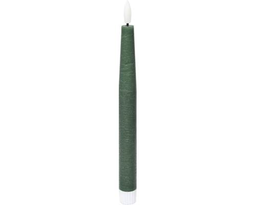 Groene LED-staafkaars met witte vlam en witte voet.
