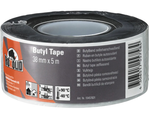 Roxolid butyltape zelflassend, 38 mm x 5 m, temperatuurbestendig van minus 40 tot plus 90 graden.