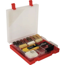 Reparatieset voor parket en laminaat met Werkzeit Logo, harde wasstaafjes in houttinten, smelter en schraper in een rode kunststof doos.