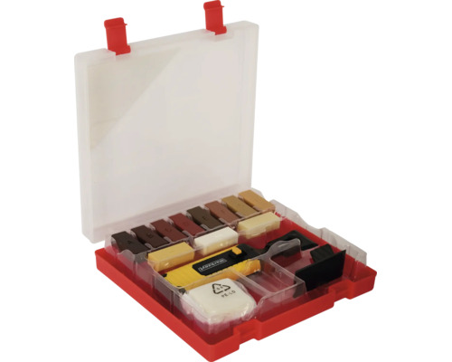 Reparatieset voor parket en laminaat met Werkzeit Logo, harde wasstaafjes in houttinten, smelter en schraper in een rode kunststof doos.