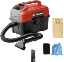 Einhell accu nat- en droogzuiger met zuigslang, spleetmondstuk, bekledingsmondstuk, papieren zak, schuimfilter en stoffen filter.
