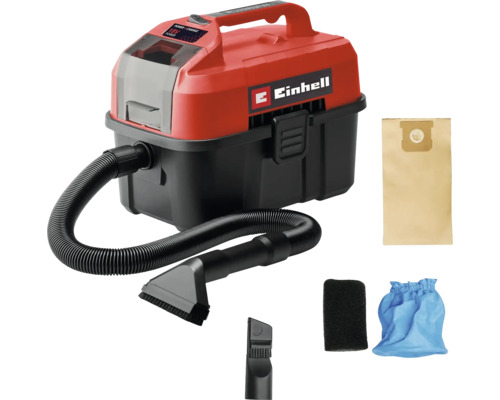 Einhell accu nat- en droogzuiger met zuigslang, spleetmondstuk, bekledingsmondstuk, papieren zak, schuimfilter en stoffen filter.