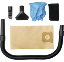 Stofzuiger accessoireset met zuigslang, papieren filterzak, stoffen filter, schuimfilter, spleetmondstuk en bekledingsmondstuk.