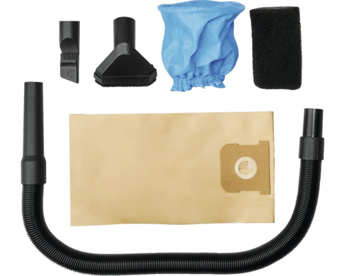 Stofzuiger accessoireset met zuigslang, papieren filterzak, stoffen filter, schuimfilter, spleetmondstuk en bekledingsmondstuk.