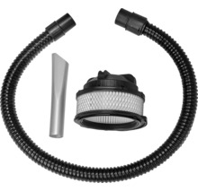 Stofzuiger accessoireset bestaande uit een zwarte zuigslang, lamellenfilter en zilverkleurig kierenmondstuk.