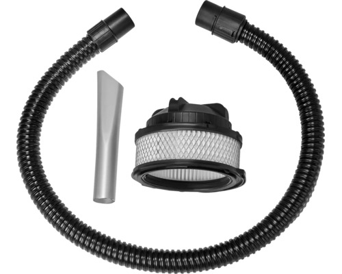 Stofzuiger accessoireset bestaande uit een zwarte zuigslang, lamellenfilter en zilverkleurig kierenmondstuk.