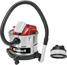 Einhell accu nat-droogzuiger met roestvrijstalen reservoir, zuigslang, kierenmondstuk en filter.