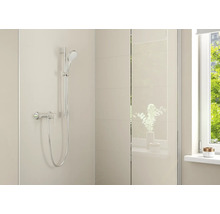 Moderne doucheset met handdouche, douchestang en eenhendelmengkraan in een lichte badkamer met tegels en glazen wand.