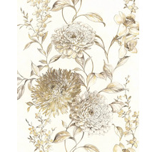 Behang met bloemenpatroon, grote bloemen en bladeren in beigetinten.