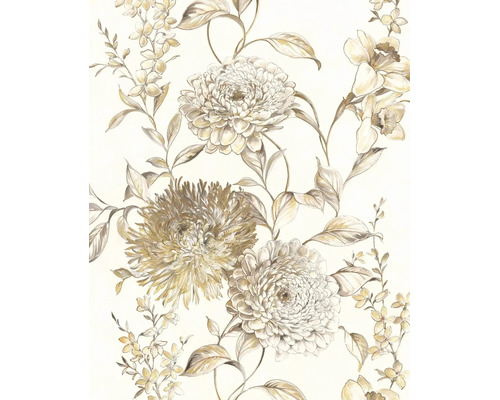 Behang met bloemenpatroon, grote bloemen en bladeren in beigetinten.