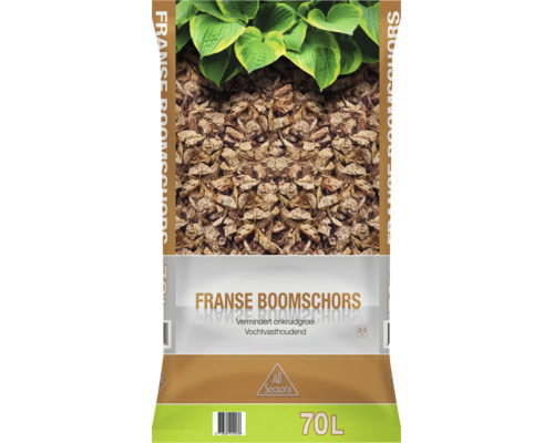 Zak All Seasons Franse boomschors, 70 liter. Vermindert onkruidgroei en is vochtvasthoudend. Geschikt voor 2 tot 3 vierkante meter.