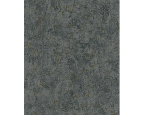Grijs vliesbehang in betonlook met gestructureerd oppervlak en goudkleurige metallic accenten.