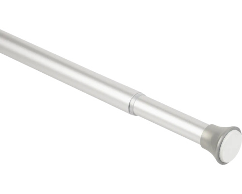 Zilverkleurige uitschuifbare metalen telescoopstang voor douchegordijnen.
