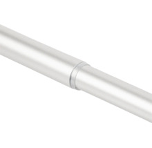 Detailweergave van de verbinding van een uitschuifbare metalen gordijnroede met telescoopfunctie.
