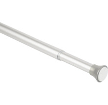 Zilverkleurige telescopische metalen stang met witte eindkap voor het bevestigen van douchegordijnen.
