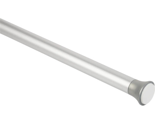 Zilverkleurige telescopische douchegordijnstang van aluminium met kunststof eindkap.
